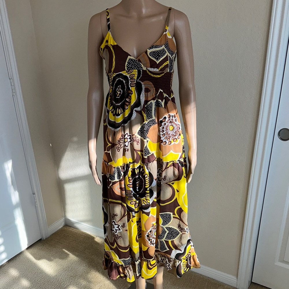 100% Cotton Speed Control Yellow, and Brown Floral Maxi Dress Size Medium.